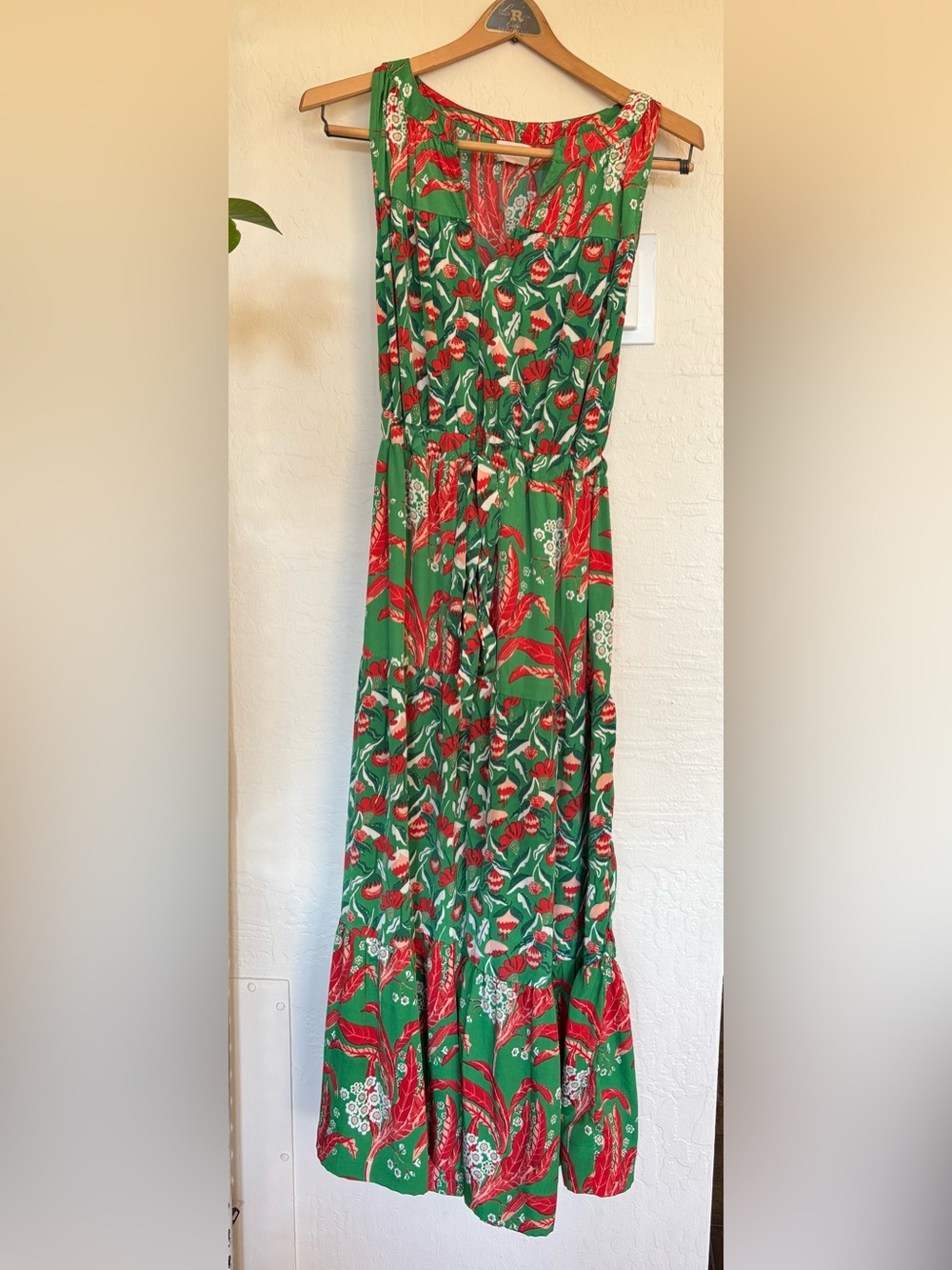 Green Floral Maxi Dress with Red & White Botanical Print